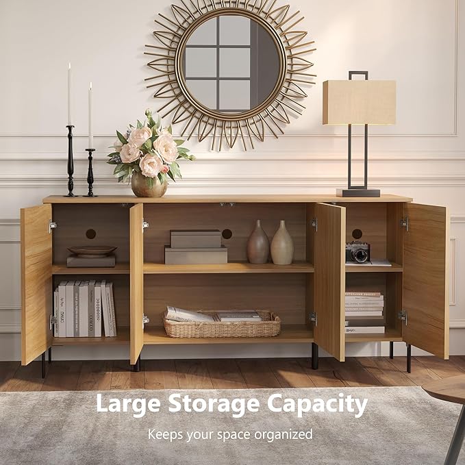 WAMPAT 61.6" TV Stand Cabinets for TVs up to 75 Inches, Entertainment Center with Storage Cabinets and 4 Doors, Mid Century Modern Media TV Console Table for Living Room Bedroom, Oak