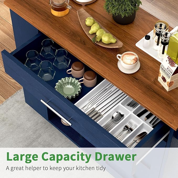 4 EVER WINNER Kitchen Island Cart with Storage, Island Table for Kitchen with Spice Rack & Towel Rack, Cabinet & Drawer, Rolling Microwave Cart with Open Shelves, Blue