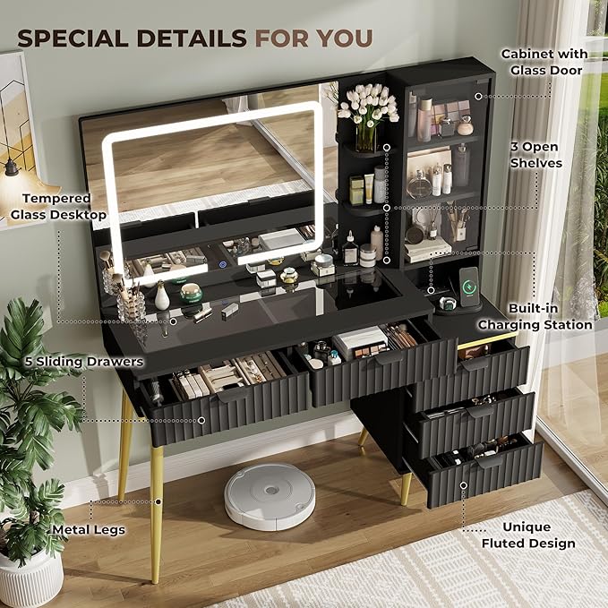 Vanity Desk with Mirror and Lights, Fluted Makeup Vanity with Glass top, 48" Big Modern Vanity with 5 Drawers & Glass Cabinet, Black Vanity with 3 Lighting Modes for Bedroom