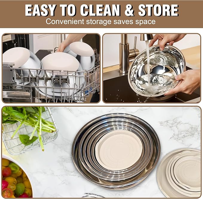 Mixing Bowls with Lids Set, 6PCS Stainless Steel Metal Bowls with 3 Grater Attachments, Measurement Marks & Colorful Non-Slip Bottoms, Size 7, 4, 3, 2, 1.5, 1QT, Great for Mixing & Serving (Khaki)