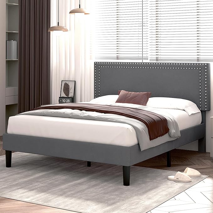 VECELO Full Size Bed Frame with Adjustable Upholstered Headboard, Wooden Slats Platform, Noise-Free Design, Easy Assembly