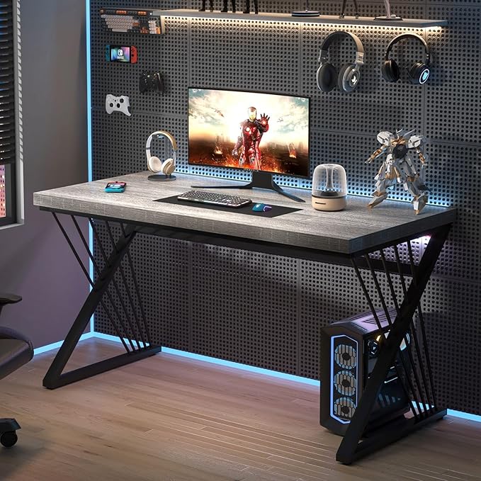 FOLUBAN Modern Desks, Rustic Wood and Metal Computer Desk for Home Office, Simple Study Writing Work PC Table for Bedroom Living Room, Light Grey, 47 Inch