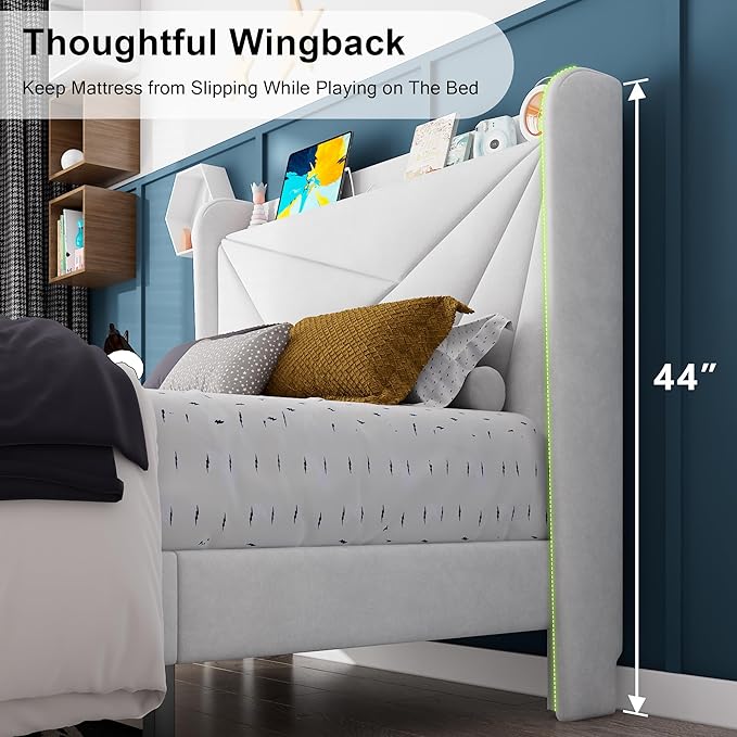 Feonase Twin Bed Frames, Upholstered Bed Frame with Charging Station, Wingback Storage Headboard, No Box Spring Needed, Noise-Free, White