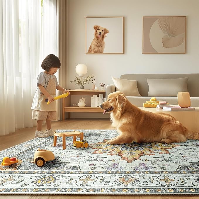 Area Rugs 10'x14' Washable Non-Slip, Floral Vintage Distress Print Pattern Medallion Carpet for Living Room Bedroom Dining Room, Light Yellow Carbon Grey Orange