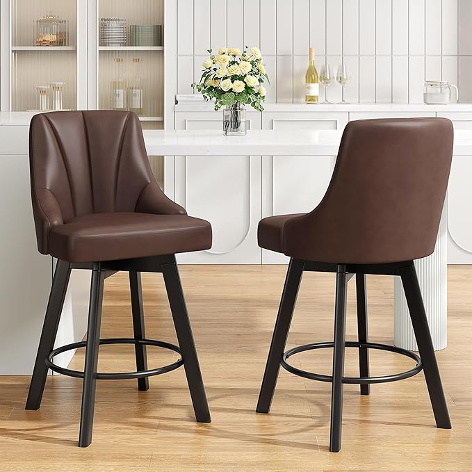 Bar Stools with Backs, PU Leather Upholstered Counter Barstools with Solid Wood Legs for Kitchen Island, Home Bar(4PCS Brown)