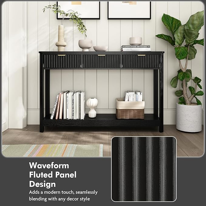 Set of 2 Console Table with Drawers, Modern 47.1" Entryway Table with Storage Shelf, Boho Narrow Skinny Behind Couch Wood Sofa Table for Living Room Hallway Entrance Foyer,Black