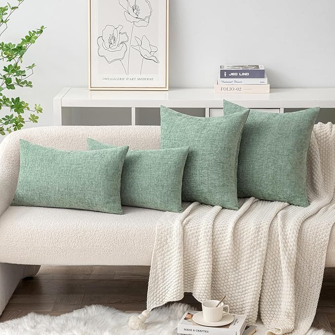 MIULEE Pack of 2 Couch Throw Pillow Covers 12x20 Inch Soft Greyish Green Chenille Pillow Covers for Sofa Living Room Solid Dyed Pillow Cases