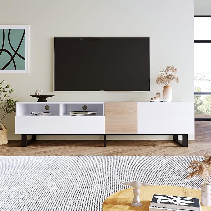 Merax Modern TV Entertainment Center with Cabinets, Drawers & Open Shelves, Wood TV Stand for TVs Up to 80” for Living Room Bedroom (White & Natural)