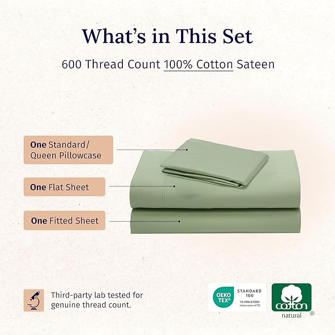 California Design Den Natural 100% Cotton Sheets Twin XL Size Set - Luxury 600 Thread Count Sateen, Fully Elasticized Deep Pocket Bedsheets, Cool and Durable Bedding for Dorm Room - Laurel Green