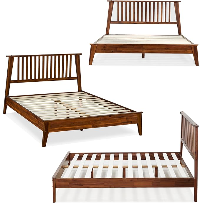 Acacia Kaylin Bed Frame with Headboard Solid Wood Platform Bed, Queen Bed Frame, Themed Headboard Wood Bed Compatible with All Mattress Types, No Box Spring Needed, Quick & Easy Assembly, Caramel.