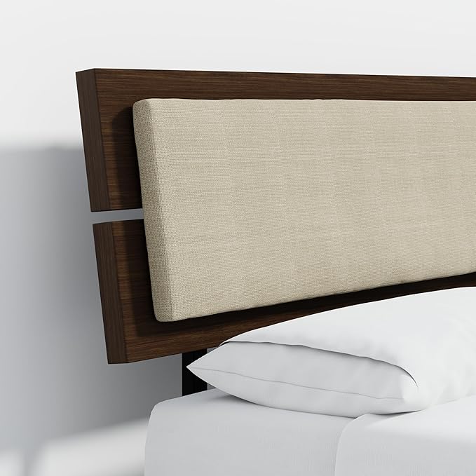HavenWood Modern Solid Wood Platform Bed with Adjustable Headboard with Cushion – No Box Spring Needed,Fast Assembly – Twin Size in Walnut