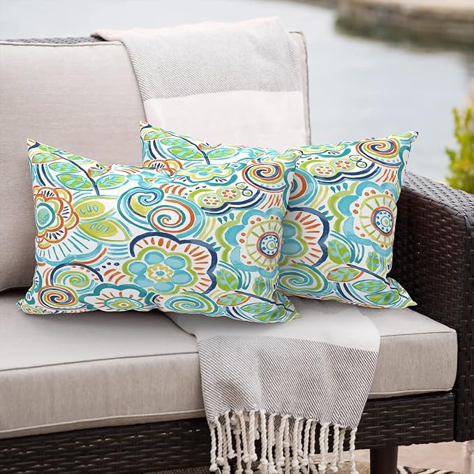 Outdoor/Indoor Lumbar Pillows, Water Repellent Cushion Pillows, 12x20 Inch, Outdoor Pillows with Inserts for Home Garden, Pack of 2, Flower Blue