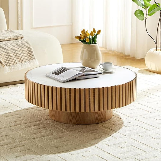 Round Coffee Table for Living Room, Accent Fluted Drum Stone Coffee Table with Storage, Modern Solid Wood Circle Center Tea Table for Small Space Apartment (35.4''D×14''H-Natural)