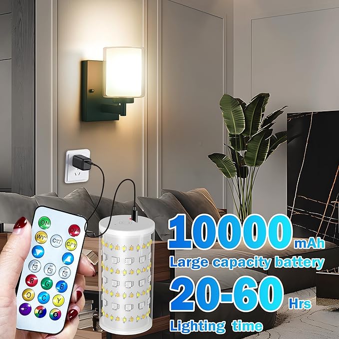 Battery Operated Wall Sconce Set Of 2, 10000mAh Wireless Rechargeable Wall Sconce With Remote Control, RGB Dimmable Bathroom Light Fixtures With Double Clear Glass Shade For Mirror Bedroom Living Room