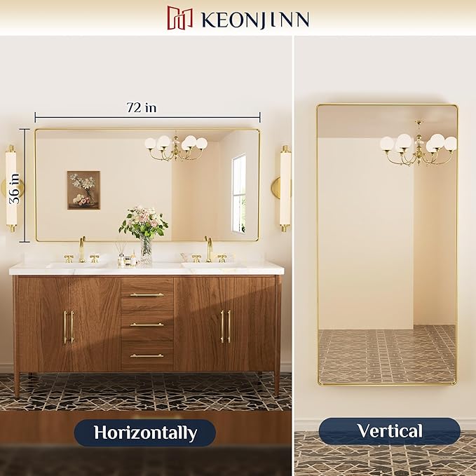 Keonjinn Brushed Gold Bathroom Mirror 72” x 36” Large Gold Bathroom Vanity Mirrors, Oversized Rounded Rectangle Mirror with Shatterproof HD Tempered Glass, Aluminum Alloy Frame(Horizontal/Vertical)