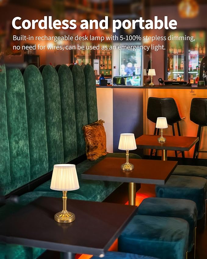 KDG Cordless Portables Table Lamp, LED Fabric Shade Small Desk Lamps, 4000mAh Battery Powered Lighting, 2700K Stepless Dimmable Light for Living Room, Dining Room, Bedroom, Bedside (Bronze)