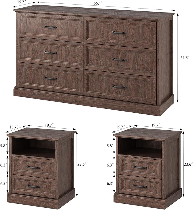 CARPETNAL Farmhouse Dresser and Nightstand Sets for Bedroom, 3 Pcs Bedroom Set, 6 Drawer Dresser & Nightstand Set of 2, Modern Wood Chest of Drawers for Bedroom, Living Room, Entryway, Brown