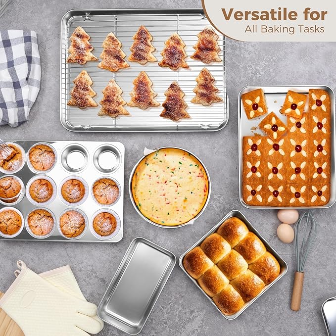 E-far 9-Piece Baking Pan Set, Stainless Steel Bakeware Sets for Sheet Cake Cookie Loaf Muffin, Include Baking Sheet, Round Square Rectangle Baking Pan & Cooling Rack, Dishwasher Safe