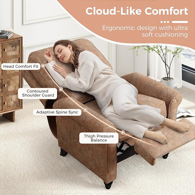 ANJ Push Back Recliner Chair, Textured Fabric Overstuffed Wingback Recliner, Adjustable Pushback Chair with Padded Seat and Back, Single Reclining Sofa for Living Room, Bedroom(Retro Brown)