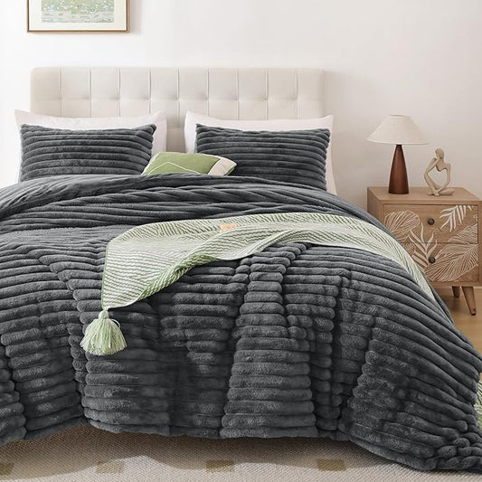 Smoofy Fluffy King Size Comforter Set 3 Pieces - Dark Grey Fleece Fluffy Comforter Set, Luxury Fuzzy King Bedding Set, Soft King Bed Set All Season, Heavy Faux Fur Comforter with 2 Pillow Cases