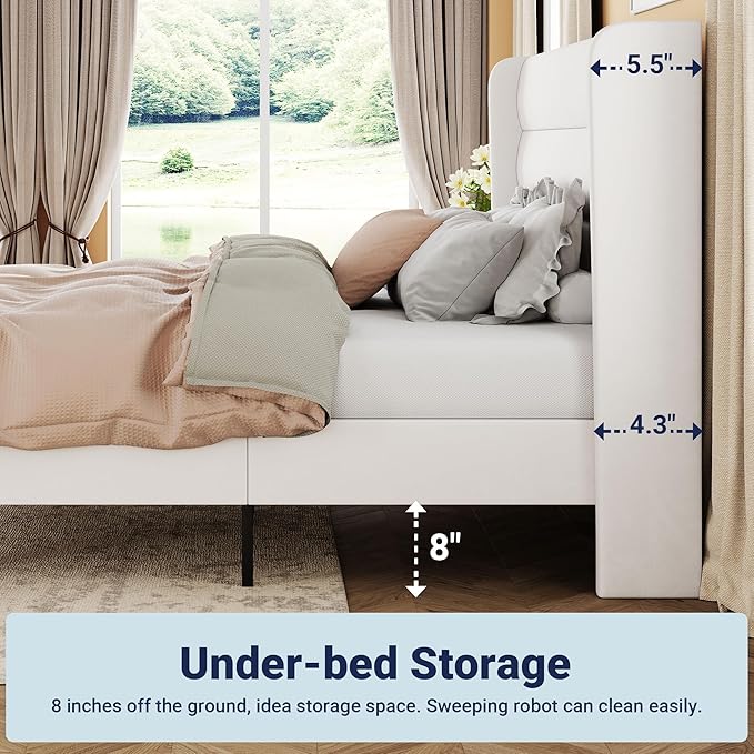 Allewie King Size Platform Bed Frame with Velvet Upholstered Wingback Headboard, No Box Spring Needed, Under Bed Storage Space, Strong Wooden Slats, Modern Mattress Foundation, Easy Assembly, White