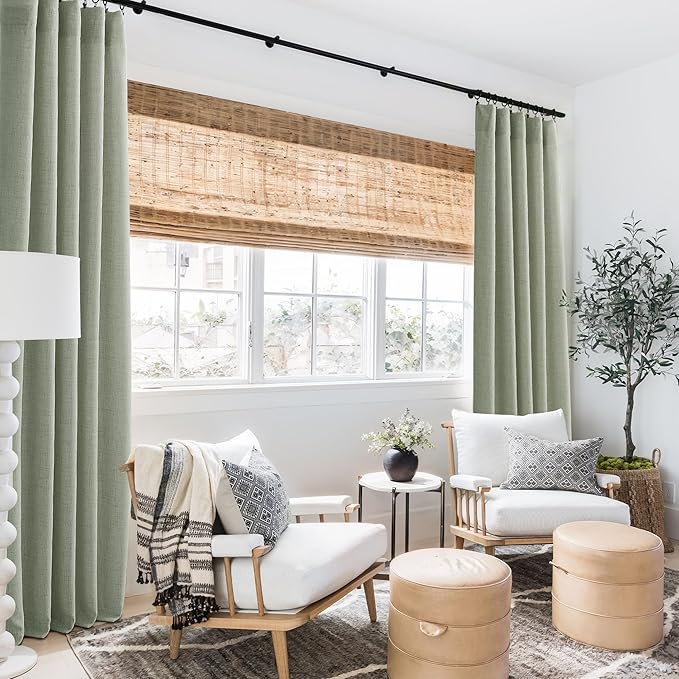 RYB HOME Linen Sheer Curtains and Drapes for Living Room and Dining Room 96 inches Length, Breathable Weave Textured/Rod Pocket Semi Sheer Curtains, Sage Green, W 52 x L 95 inches, 2 Panels Set