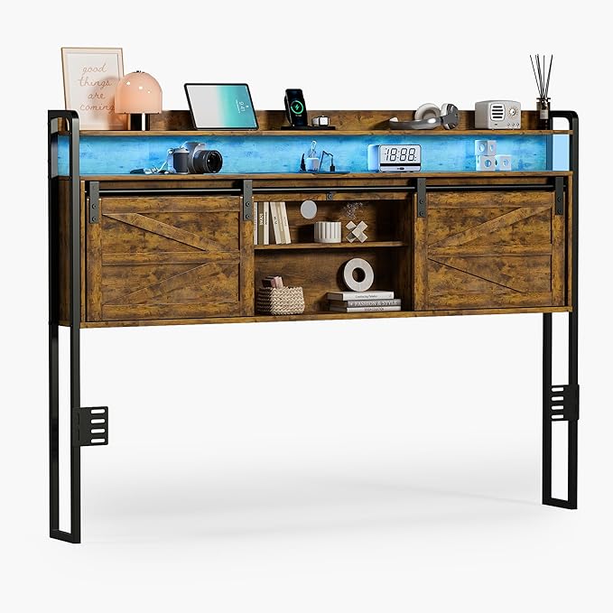 wanan Headboard Queen Size with Storage, 3 Tier Size Headboard only with Outlets, USB Ports and LED Light Strip, Headboards with Sliding Barn Doors, Adjustable Shelf (Brown, Queen (U.S. Standard))