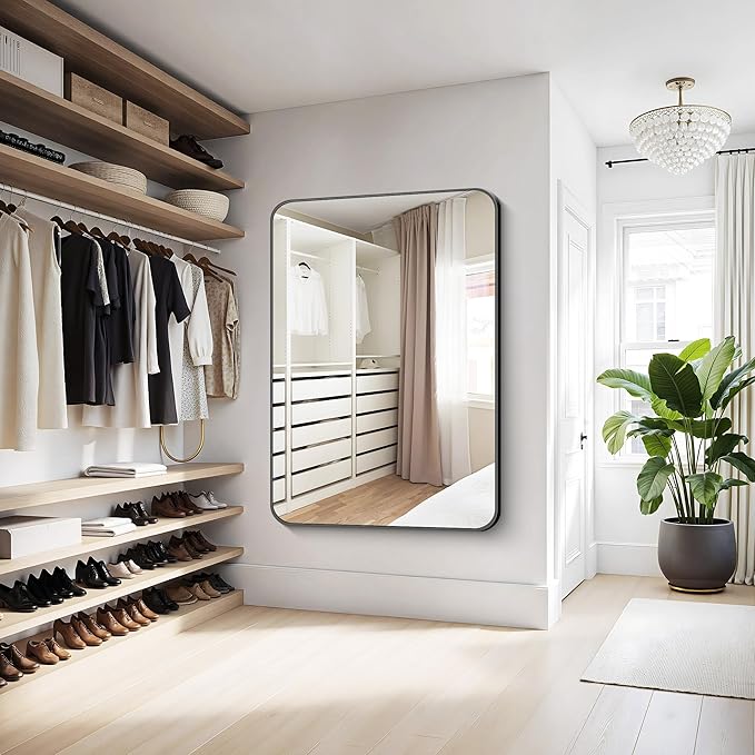 KOCUUY Black Bathroom Mirror 55"x40", Large Vanity Mirror with Rounded Corner, Metal Black Frame with Mordern Design for Bathroom, Living Room, Entryway, Hang Horizontal/Vertical