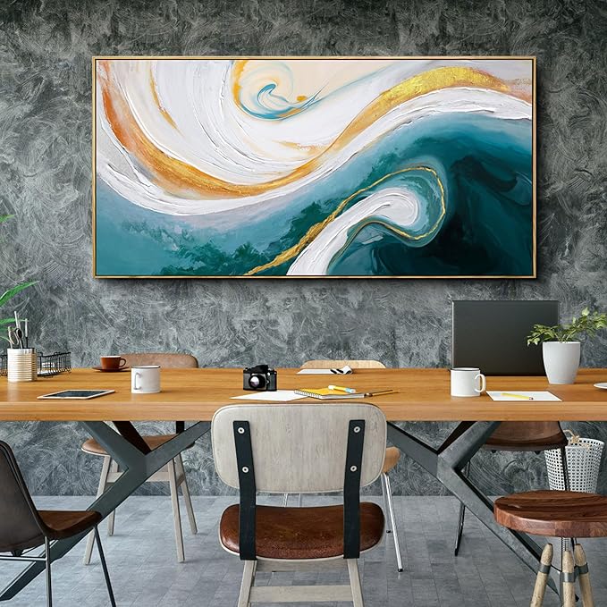 XLSJERST Abstract Canvas Wall Art for Living Room - Large Frame Blue and White Wall Decor Picture Modern Orange Painting Artwork for Bedroom Home Office Decoration Size 48x24 Inches