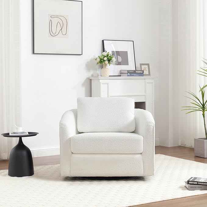 MINCETA Accent Chairs,Oversized 360 Swivel Armchair(Seat Area:25.6" D x 26.8" W),Modern Comfy Reading Chairs for Living Room with Metal Base,Set of 2,Sherpa Teddy in White
