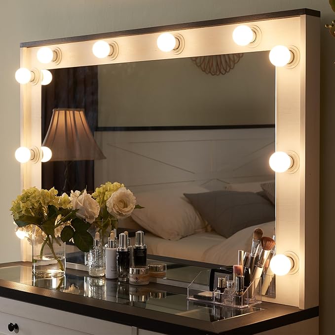 JXQTLINGMU Farmhouse Vanity Desk with Hollywood Makeup Mirror - Ample Storage Space with 3 Drawers & 2 Cabinets - Detachable Light Bulbs, Stool Included, Bedroom, White