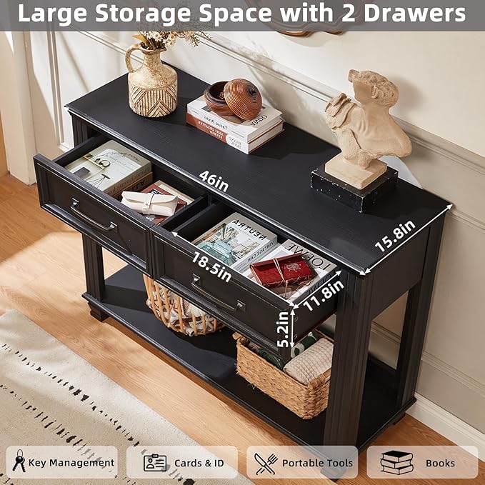 Farmhouse 46" Console Table with 2 Drawers, Rustic Wood 2 Tier Entryway Table with Open Storage Shelf for Entry, Large Mid-Century Vintage Sofa Tables Behind Couch for Living Room, Black