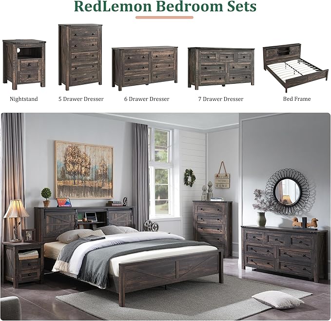 RedLemon Farmhouse 6 Drawer Dresser for Bedroom, 54 Inch Wide Rustic Wood Dresser TV Stand, Dresser Chest of Drawers for Closet, Living Room, Hallway, Dark Rustic Oak
