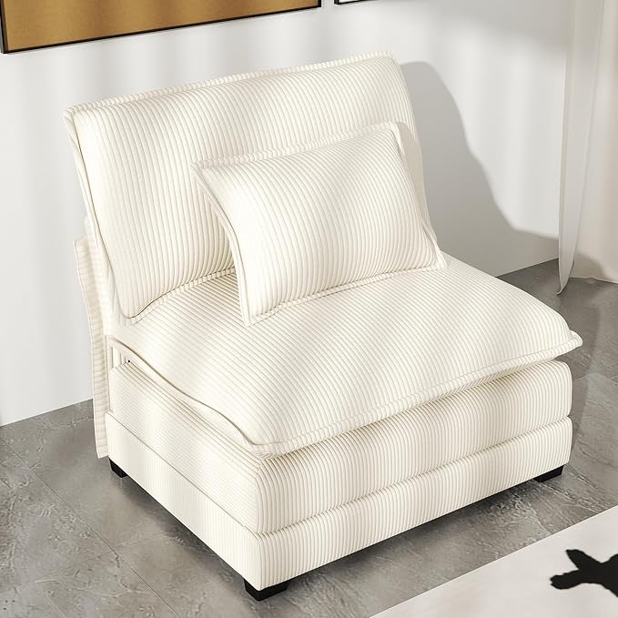 Real Relax 34.9'' Modular Sectional Sofa, Single Seat Without Armrest Corduroy Convertible Couch with 2 Pillows for Living Room, Office and Leisure Places, Beige