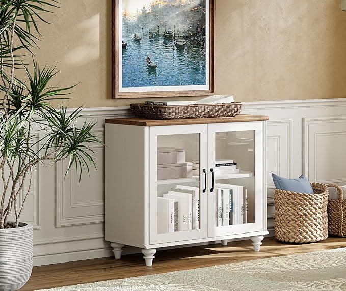 WAMPAT TV Stand for 75 Inch TV, Wood TV Cabinet Entertainment Center Television Stands for Living Room, 2-in-1 Sideboard Buffet Cabinet with Glass Door & Drawer for Kitchen, Off White