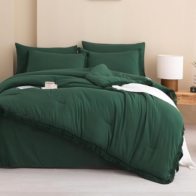 Andency King Size Comforter Set with Sheets Dark Emerald Green -7 Pieces Bed in a Bag Boho Tassel Bedding Sets, All Season Fringe Bed Set with Comforter, Sheets, Pillowcases & Shams