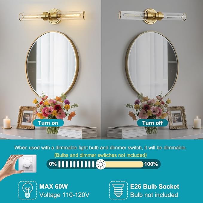 Bathroom Light Fixtures, Gold Wall Sconce in Clear Glass Vanity Lights, Modern Bathroom Vanity Light Up and Down Sconces Wall Lighting for Living Room, Hallway, Bedroom - Bulb Not Included