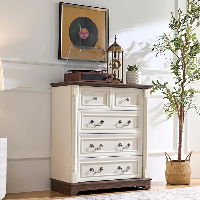 Farmhouse 5 Drawer Dresser with Roman Column Design, 36" Tall Chest of Drawers, Wood Storgae Cabinet Organizer for Bedroom, Hallway, Antique White