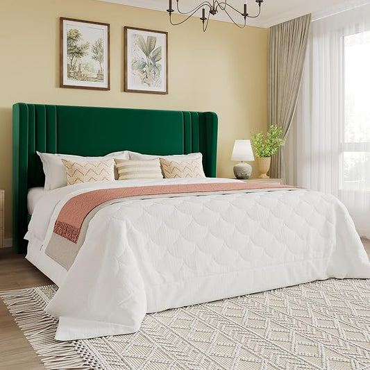 SHA CERLIN Queen Size Velvet Upholstered Platform Bed Frame with Vertical Channel Tufted Wingback Headboard, Wooden Slats Support, Easy Assembly, Under Bed Storage, No Box Spring Required, Green