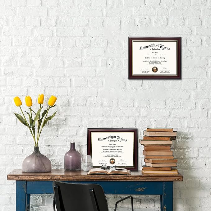 GraduationMall 8.5x11 Certificate Diploma Frame,Solid Wood & UV Protection Acrylic,Cherry Finish with Gold Trim