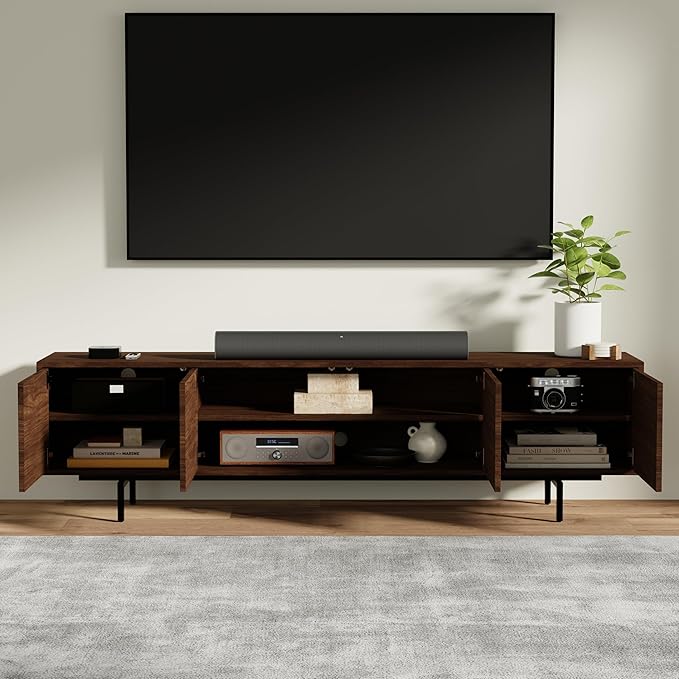 Norrhaus 75" x 20" Walnut 4-Door TV Stand in Walnut - Modern TV Console Made from Quality Engineered Hardwood with Water Resistant Melamine Veneer - No Tools Frame Assembly