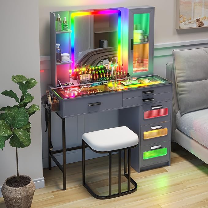 HENBC Vanity with Mirror and LED Lights, Glass Top Vanity Desk with Charging Station(Wireless+USB+Type-C), RGB Makeup Table Set with Stool/Makeup Organizer/6 Drawers for Bedroom (Grey)
