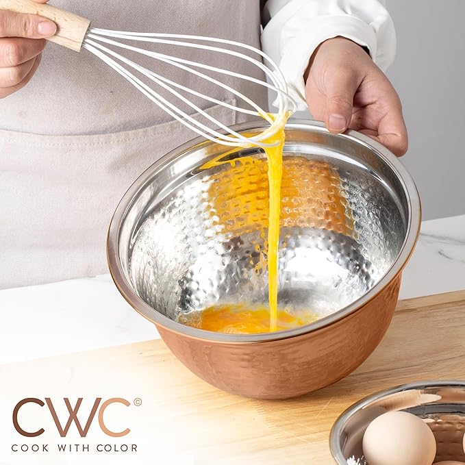 COOK WITH COLOR 18 Piece Mixing Bowls Set with Airtight Lids, Stainless Steel Bowl Organizers, Food Storage Containers, Meal Prep, Nesting Salad Bowls For Cooking, Baking, Kitchen, Copper - Hammered