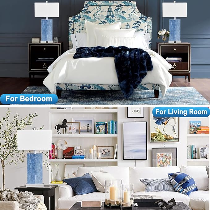24” Tall Touch Control Table Lamps Set of 2, Blue Navy Lamps w/ USB& Type C Ports, Dimmable Coastal Bedside Nightstand Lamp White Shade, Large Lamps for Living Room End table Bedroom (Bulbs Included)