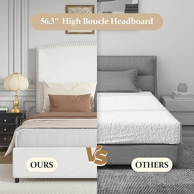 Queen Size Bed Frame with Headboard, 56" Upholstered Platform Bed with Nailhead Trim, Soft Boucle Fabric, No Box Spring Needed, Easy Assembly, White