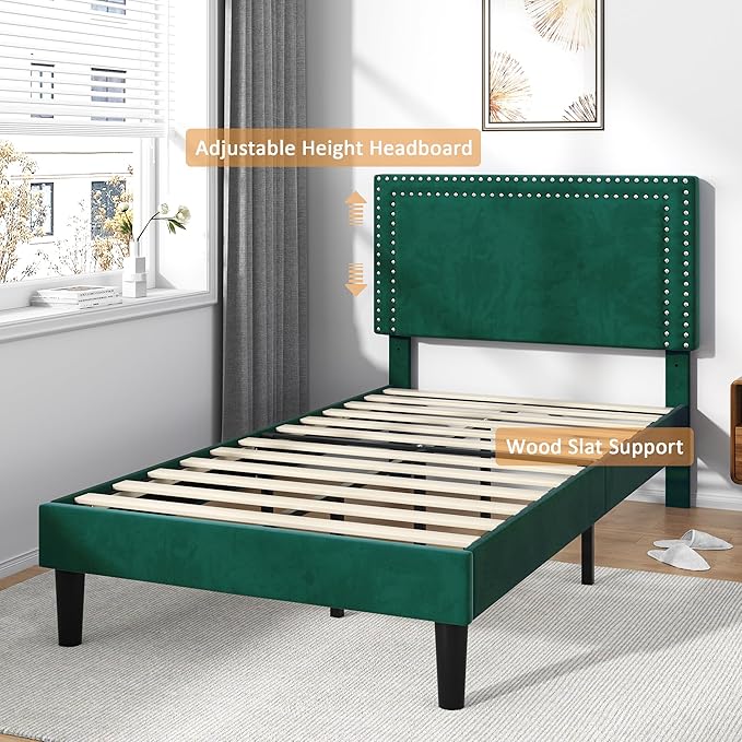 VECELO Twin Size Platform Bed Frame with Adjustable Upholstered Headboard, Strong Wood Slat Support, No Box Spring Needed, Easy Assembly
