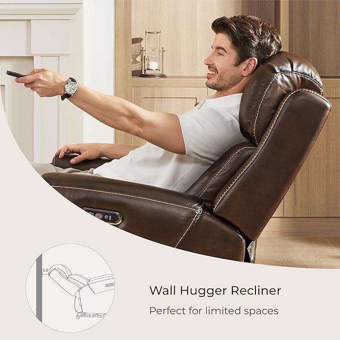 CHITA Genuine Leather Power Recliner Chair for Adults, Electric Wall Hugger Recliner with Adjustable Power Headrest & USB/Type-C Ports, Compact for Small Spaces & Living Rooms, Dark Brown