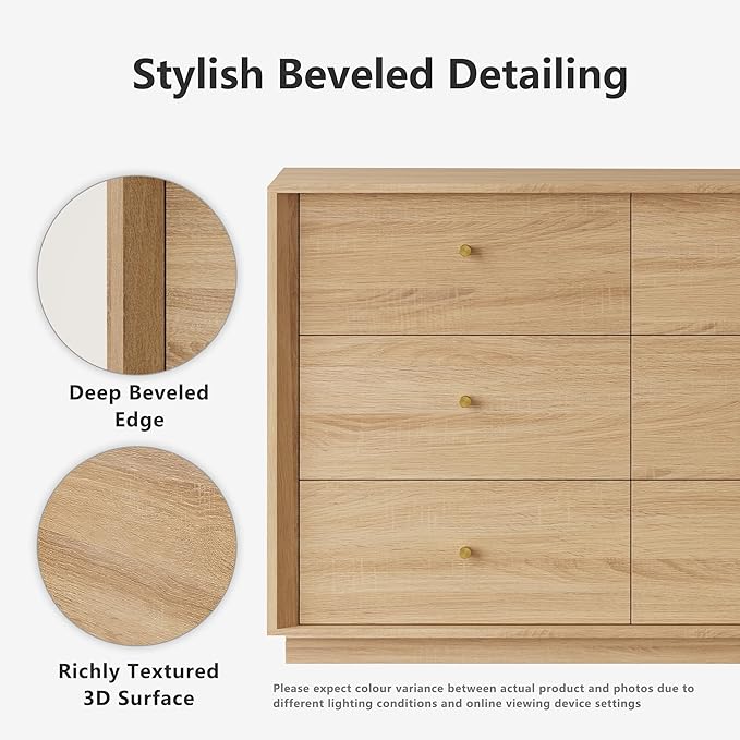 Mid Century Modern Dresser, 6 Drawer Dresser with Storage, 47" Wide Chest of Drawers with Wood Grain Texture, Drawers Organizer for Bedroom, Living Room, Hallway, Oak