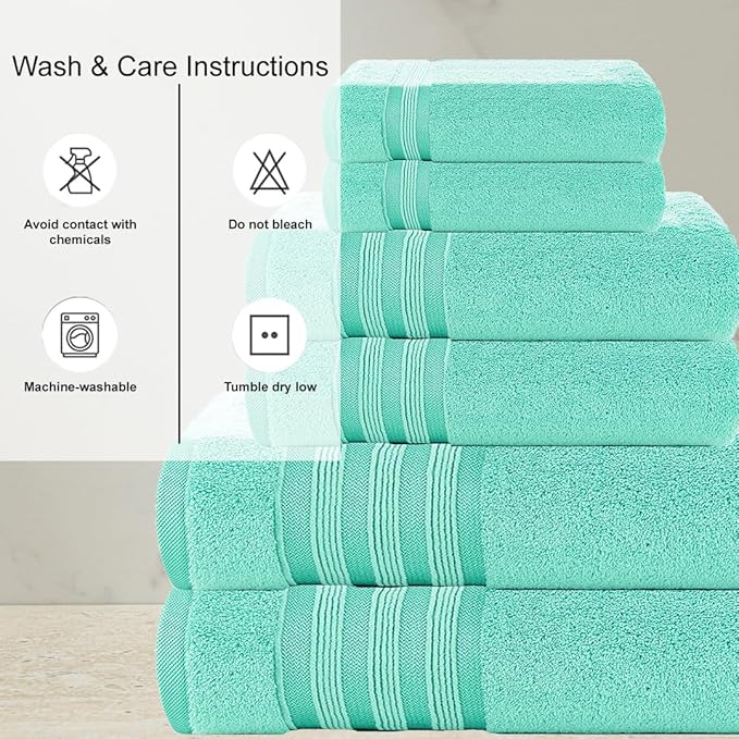 CASA COPENHAGEN Zero Twist, 6 Pieces Set 100% Cotton 0" Twist Towel Set- Aqua Blue, 600 GSM, 2 Bath, 2 Hand, 2 Washcloths Made from Egyptian Cotton, Ultra Soft Luxury Towels for Bathroom.