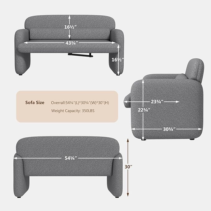 Furnimart Modern Loveseat Sofa, 54" 2-Seater Boucle Sofa, Comfy Upholstered Minimalist Couch, Small Couches for Small Spaces, Apartment, Office, Living Room, Bedroom, Dorm, Chenille Grey